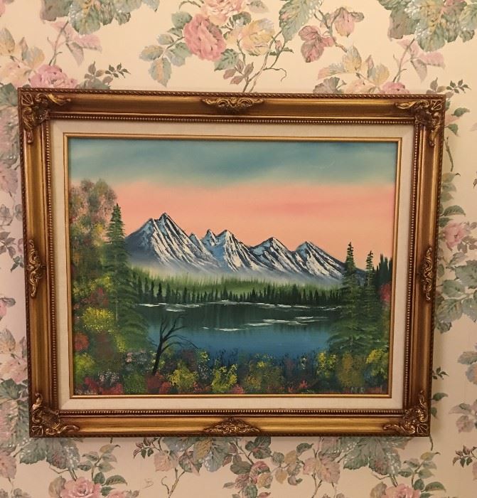 Art mountain scene oil on canvas signed NH