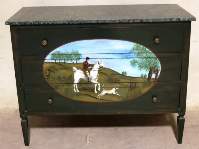 Hunt scene painted 3 drawer chest