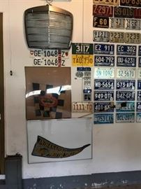 Vintage Mercedes Benz Grill, Indianapolis 500 flags, Swiss License plates