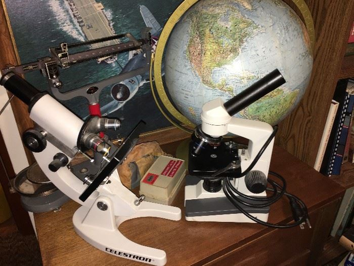 Microscopes, 60's globe, scale