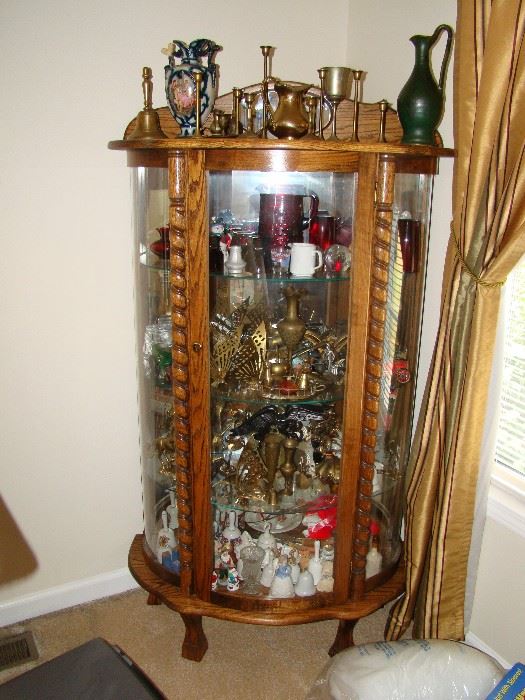 BOW FRONT CHINA CABINET PACKED FULL OF SMALL ITEMS