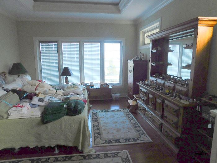 King Bedroom set, linens, Native American fetishes