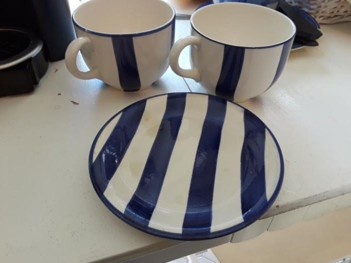 Blue and white plate and two