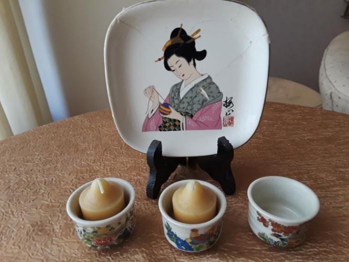 Japanese plate and 3 candle holders 