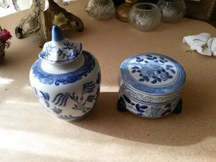 Two blue and white jars