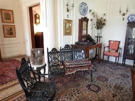 ANTIQUE WROUGHT IRON CHAIR AND ORNATE GARDEN BENCH