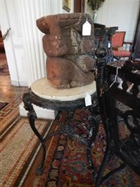 CAST IRON TABLE STAND AND HAWAIIAN LAVA ROCK SCULPTURE