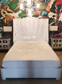 White Patented Leather Swarovski King Wing Bed Dimensions 15ʺW × 75ʺL × 96ʺH California King sized white patterned leather bed with Swarovski crystal buttons. California King Mattress NOT included.