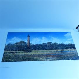 Tim Bruce  Cape Hatteras  Signed and numbered lithograph   12 1/2 x 26 1/2
Located on Hatteras Island on the Outer Banks of N. C.  The tallest lighthouse in the nation and a famous symbol of North Carolina.  This was painted before the lighthouse was moved in 1999.
Retails $ 165.00    
  