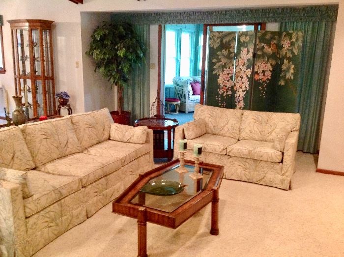 Ethan Allen Sofa & Loveseat.  Both in excellent condition.  Burl Wood/Glass Coffee Table with 2 matching end tables and a Sofa Table