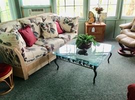 Rattan Sofa, Wrought Iron/Glass Cocktail Table, Small 2-Drawer Rattan Chest