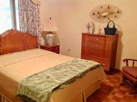 Queen Bed, Mid-Century Night Stand, Mid-Century Chest, and a Glider/Rocker