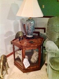 Burl Wood End Table that is also a Lighted Curio, and an Oriental Lamp