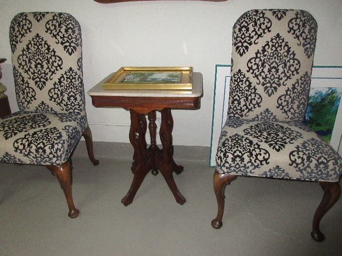 Pair of great side chairs, Vintage table with marble top