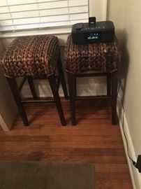 Pair of rush stools, iHome clock radio iPod compatible with charging station for you phone.