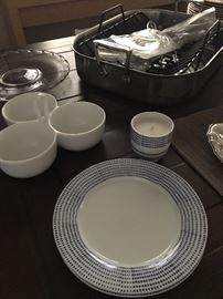 West Elm pottery dishes and servers, All-Clad roasting pan with extras