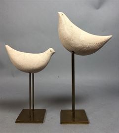 Lot 16 Pr Pottery Bird Sculptures on Modern Brass Stands