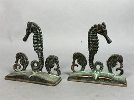 Lot 21 Pr HURLEY Style Patina Bronze Sea Horse Bookends.