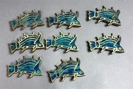 Lot 33 Set 8 PEPE MENDOZA Brass  Inlay Fish Pulls. Figu