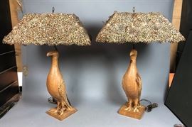 Lot 45 Pr Carved Wood Modernist Figural Bird Lamps. Eleg