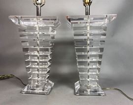 Lot 61 Pr Tapered Stacked Lucite Table Lamps. Tapered sq