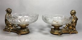 Lot 79 Pr CHRISTOFLE Cherub  Engraved Crystal Centerpie