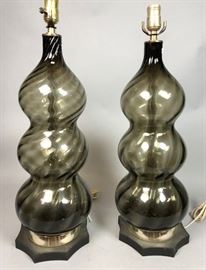 Lot 104 Pr Smoked Glass Table Lamps. Snowman form on shap