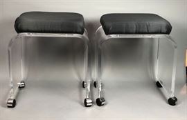 Lot 92 Pr Rolling Modern Lucite Vanity Benches. Black Fa
