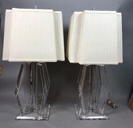 Lot 151 Pr 70s Modern Lucite Table Lamps. Beveled square 