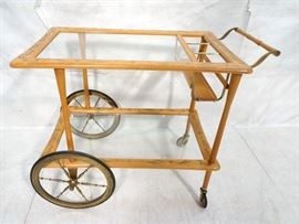 Lot 184 Blond Wood Brass  Glass Rolling Modern Bar Cart.