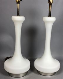 Lot 214 Pr LAUREL Frosted White Glass Modern Table Lamps.