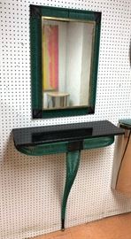 Lot 215 2pc Modernist Wall Mounted Table  Mirror. Green 