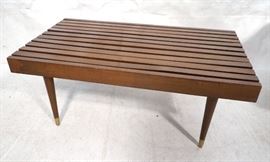 Lot 226 Short Wide Modern Wood Slat Bench. Tapered peg le