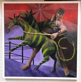 Lot 242 Large Figural Oil Painting. 3 Ferocious animals w