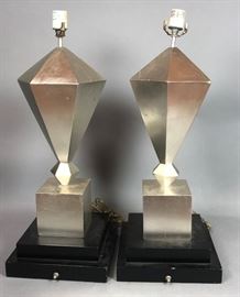 Lot 318 Pr Decorator Silver Leaf Geometric Form Table Lam