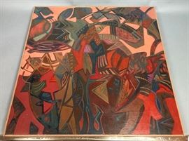 Lot 332 Modernist Abstract Oil Painting. Peach, blues, or