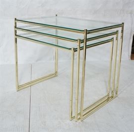 Lot 372 3 Brass  Glass Nesting Tables. Thin square brass