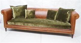 Lot 378 Contemporary Brown Leather Green Velvet Sofa. Ove