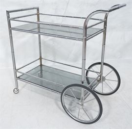 Lot 407 Modern Chrome Bamboo Rolling Bar Cart. 2 smoked g