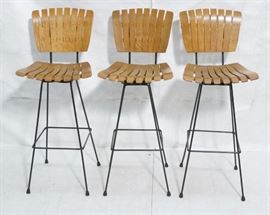 Lot 497 3 ARTHUR UMANOFF Style Wood Slat Bar Stools. Slat