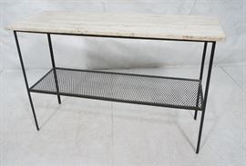 Lot 470 Travertine Marble Top  Black Iron Console Table.