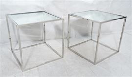 Lot 527 Pr Modernist Mirror top Chrome Cube Side Tables. 