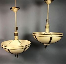 Lot 342 Pr Art Deco Ceiling Lights. Dome shades on brass