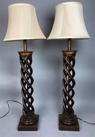 Lot 589 Pr Twisted Column Wood Table Lamps. James Mont Ca