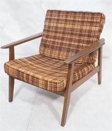 Lot 621 Dark Stain Wood Mid Century Lounge Chair. Plaid u