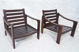 Lot 641 2 Dark Stained Wood Lounge Chairs. Slat back and 