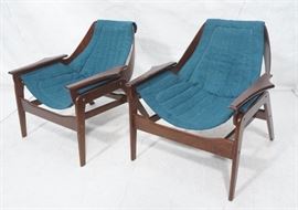 Lot 657 Pr Dark Stain Wood Lounge Chair. Green fabric sli