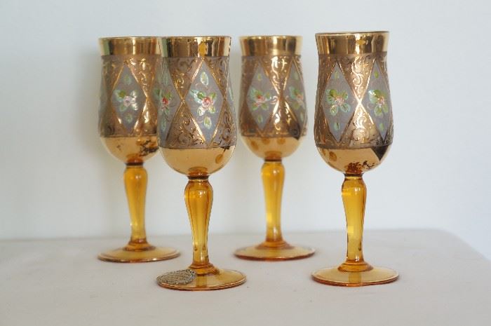 Outstanding hand painted cordial glasses with 18k gold