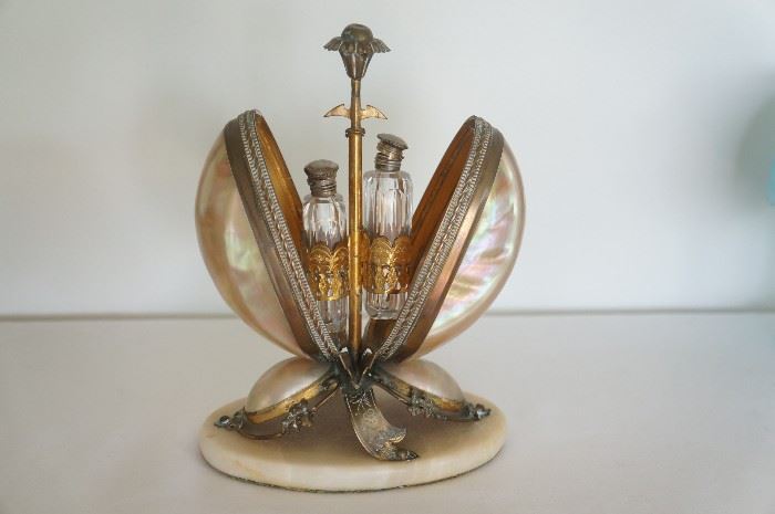 Gorgeous 1870s ORIGINAL FRENCH PALAIS ROYAL MOTHER OF PEARL EGG CASKET PERFUME BOTTLES