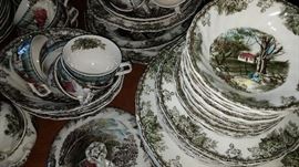 Much glassware, china and pottery. Johnson Brothers "The Friendly Village" set